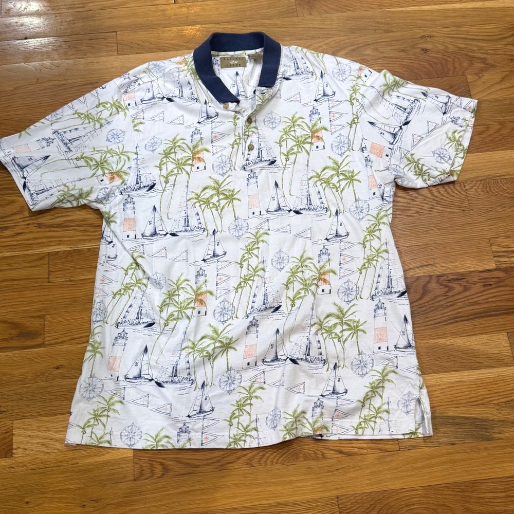 Vintage Natural Issue Mens XL Polo Shirt Nautical Sailboat Palm Tree Cotton